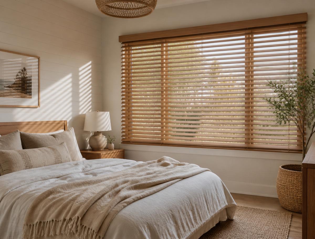 Natural oak wood blinds with matching valance in a living room