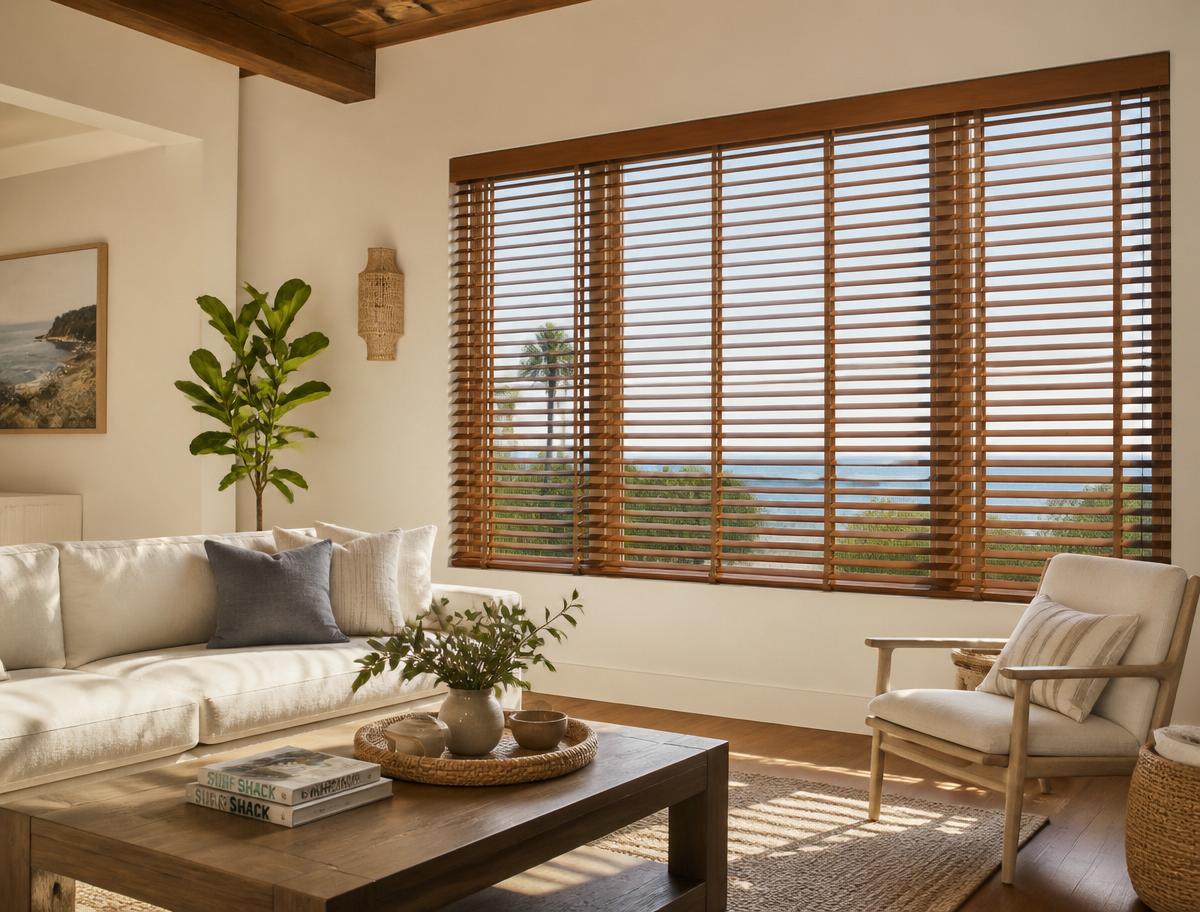 Stained basswood real wood blinds in a South Orange County study