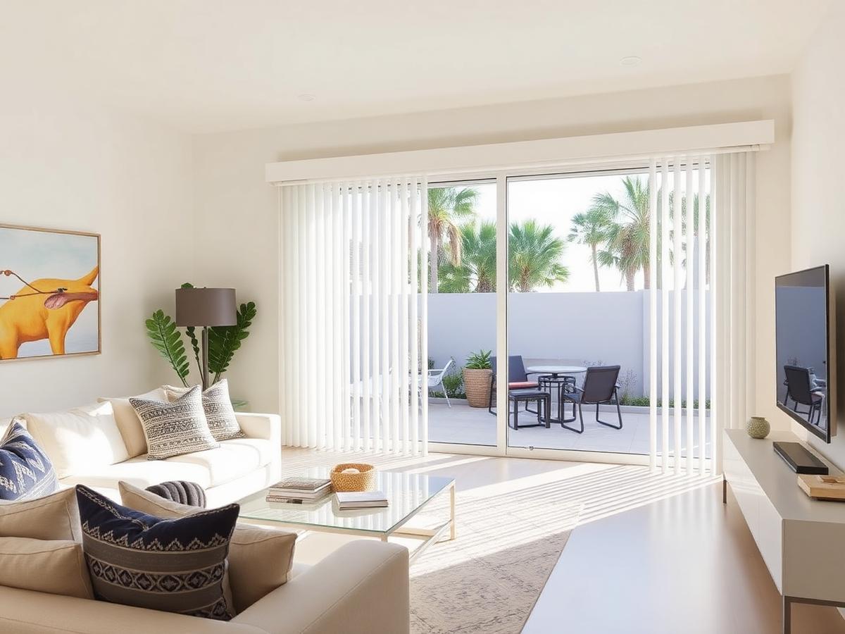 Fabric vertical blinds covering a wide sliding glass door in an Orange County family room