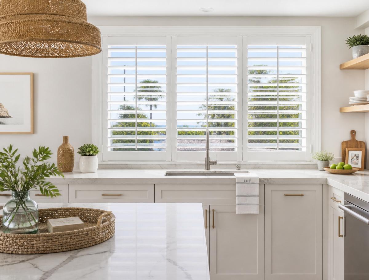 Café-style plantation shutters on a kitchen window with natural light