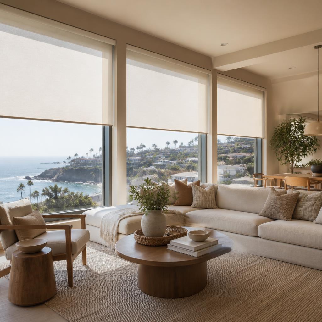 Motorized roller shades on tall great-room windows in a South Orange County home