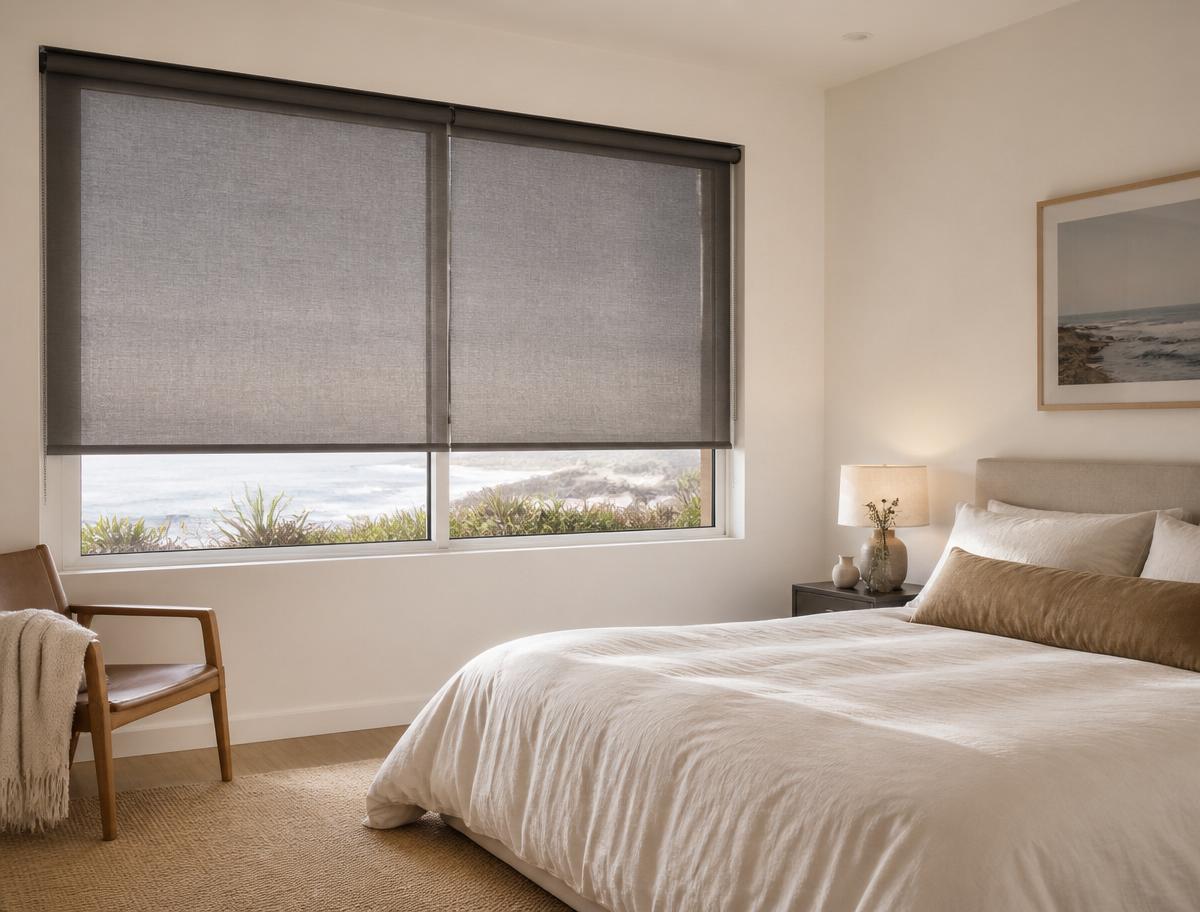 Sheer sun-filtering roller shades in a bright dining room