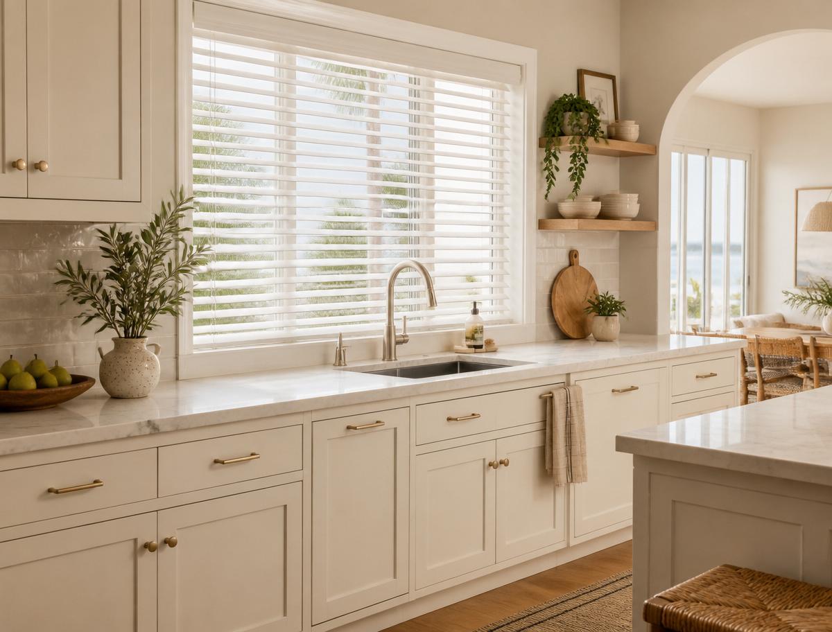 White faux wood blinds in a South Orange County bathroom