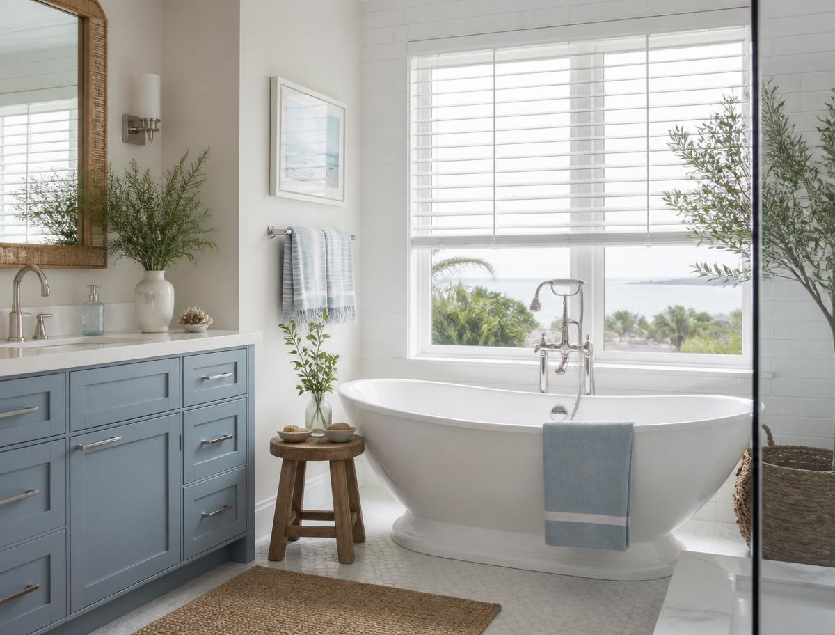 Faux wood blinds with decorative cloth tapes in a laundry room