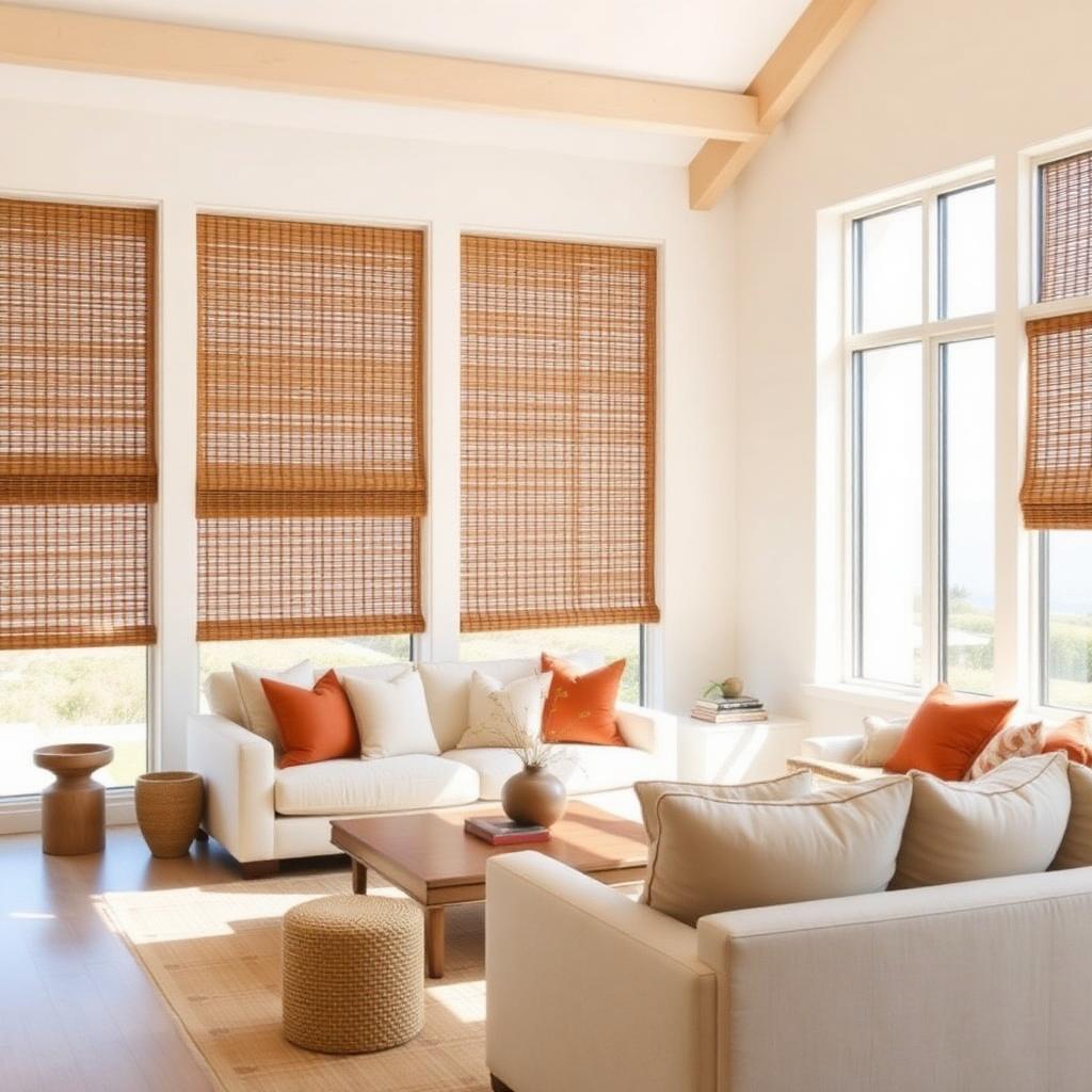Bamboo woven wood shades in a coastal California sunroom