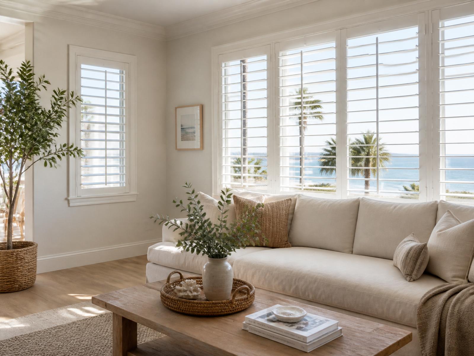 Custom white plantation shutters in a bright South Orange County living room
