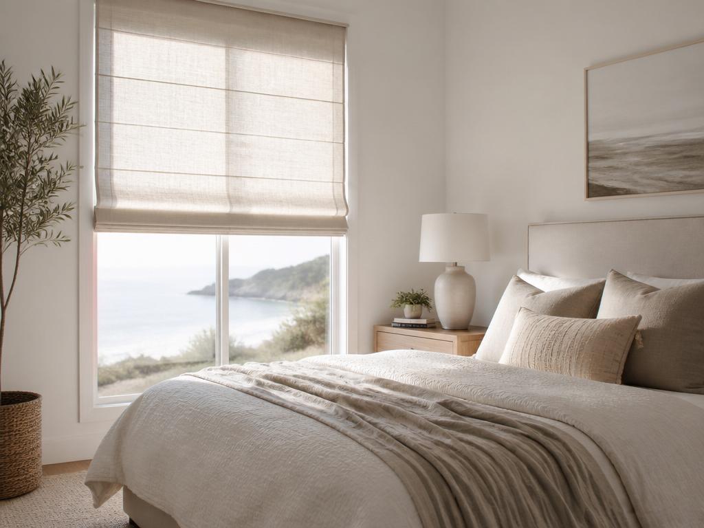 Hobbled Roman shades in a patterned fabric on a South Orange County dining room window