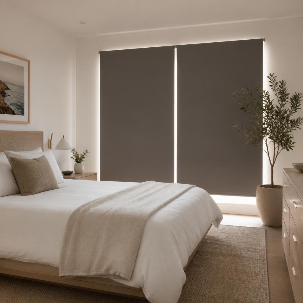 Smart shades controlled by phone app in a modern living room