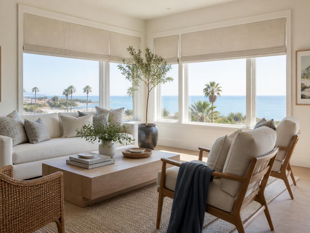 Flat-fold Roman shades in a linen fabric in a coastal California living room
