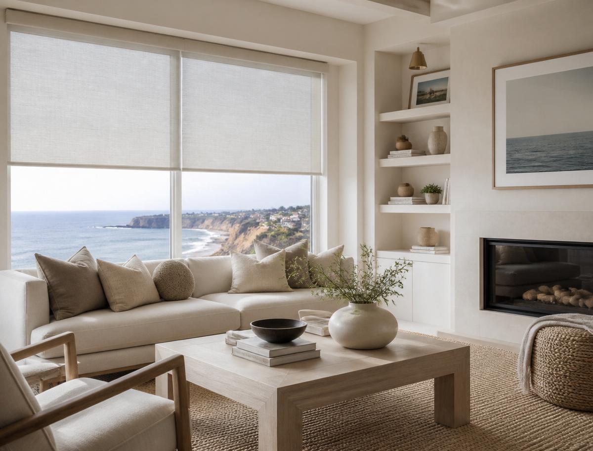 Blackout roller shades in a modern Orange County primary bedroom
