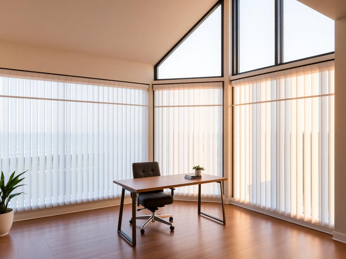 PVC vertical blinds in a home office with a wide picture window
