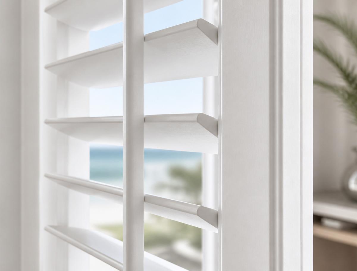Full-height plantation shutters in a coastal California bedroom