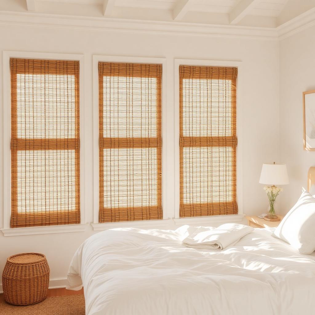 Woven wood shades with blackout liner in an Orange County bedroom