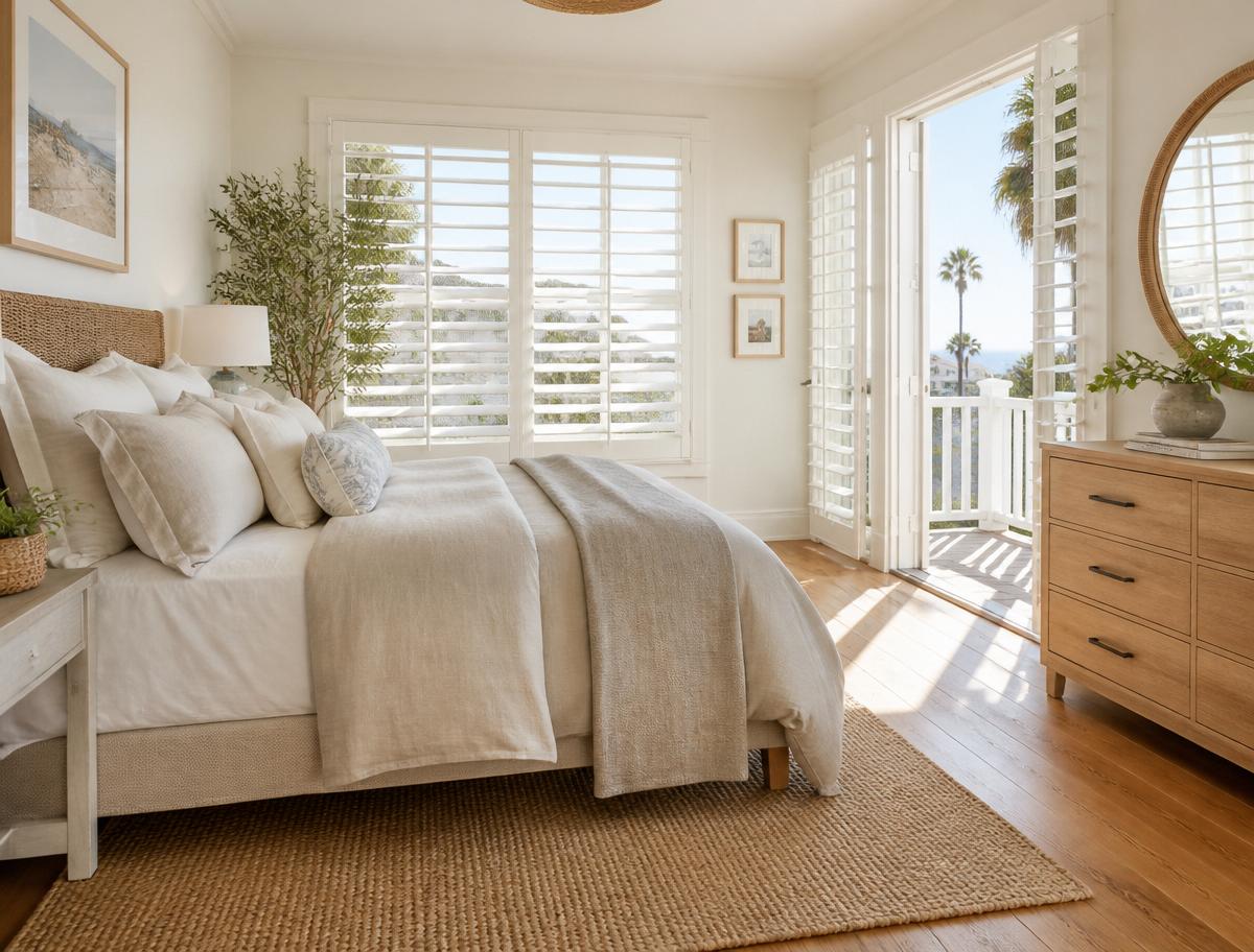 White plantation shutters framing a bay window in a South Orange County home
