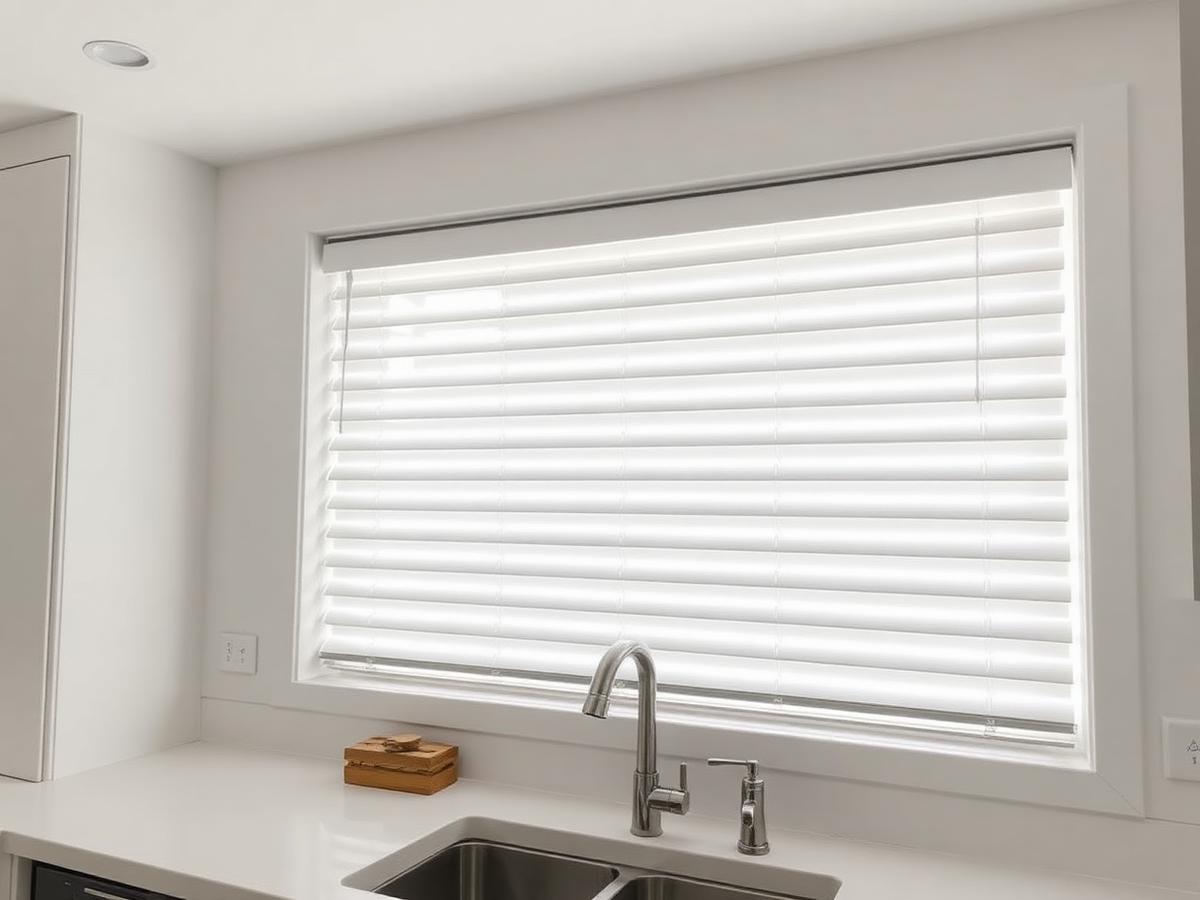 White 2-inch faux wood blinds on a kitchen window in a coastal California home