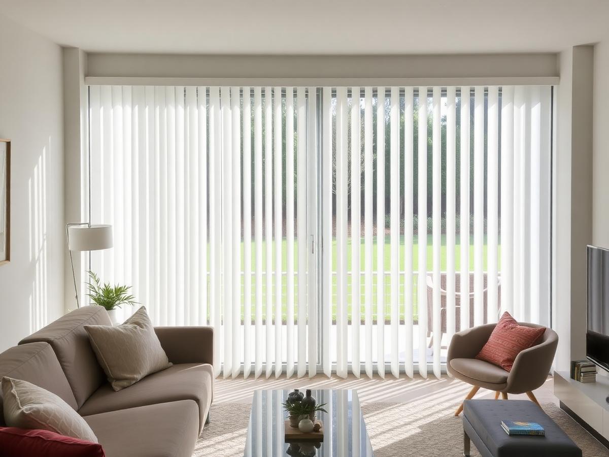 Custom vertical blinds covering a large sliding glass door in a South Orange County home