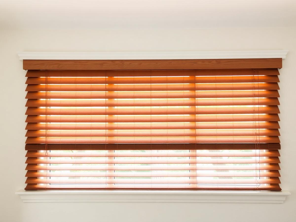 Natural stained real wood blinds in a South Orange County office with hardwood floors