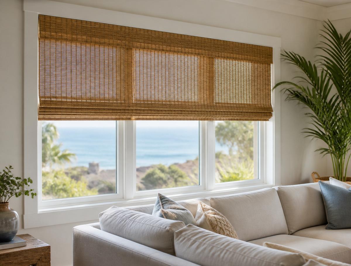 Handwoven bamboo woven wood shades in a coastal California living room